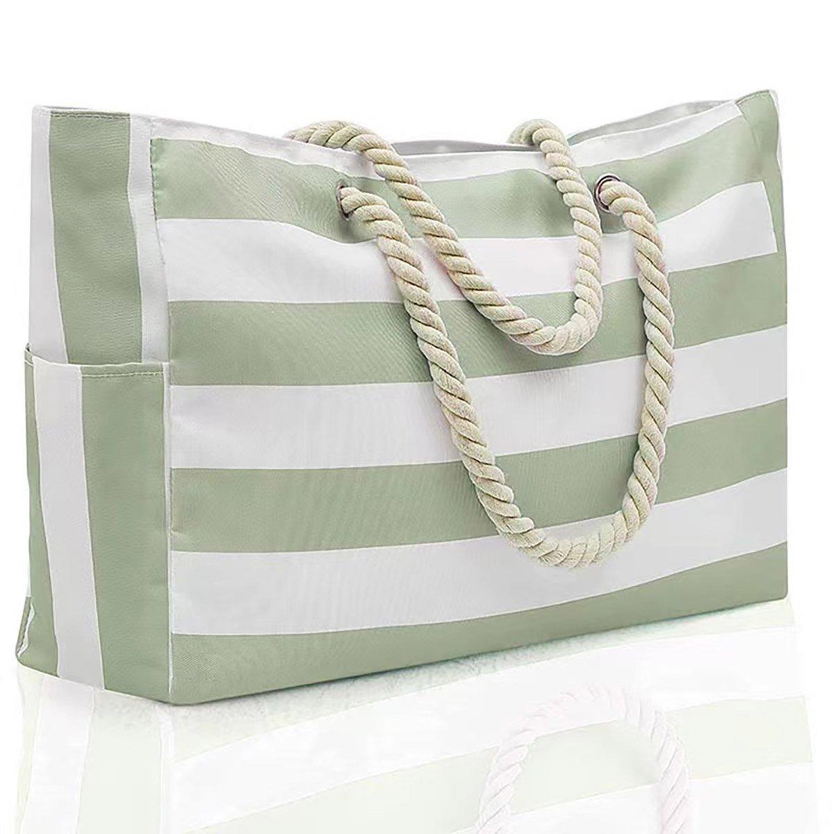 Large Bohemian Striped Canvas Beach Bag Zipper Tote for Travel Outdoor Vacation - Yellow V528-CANVAS-BAG-YELLOW-136702