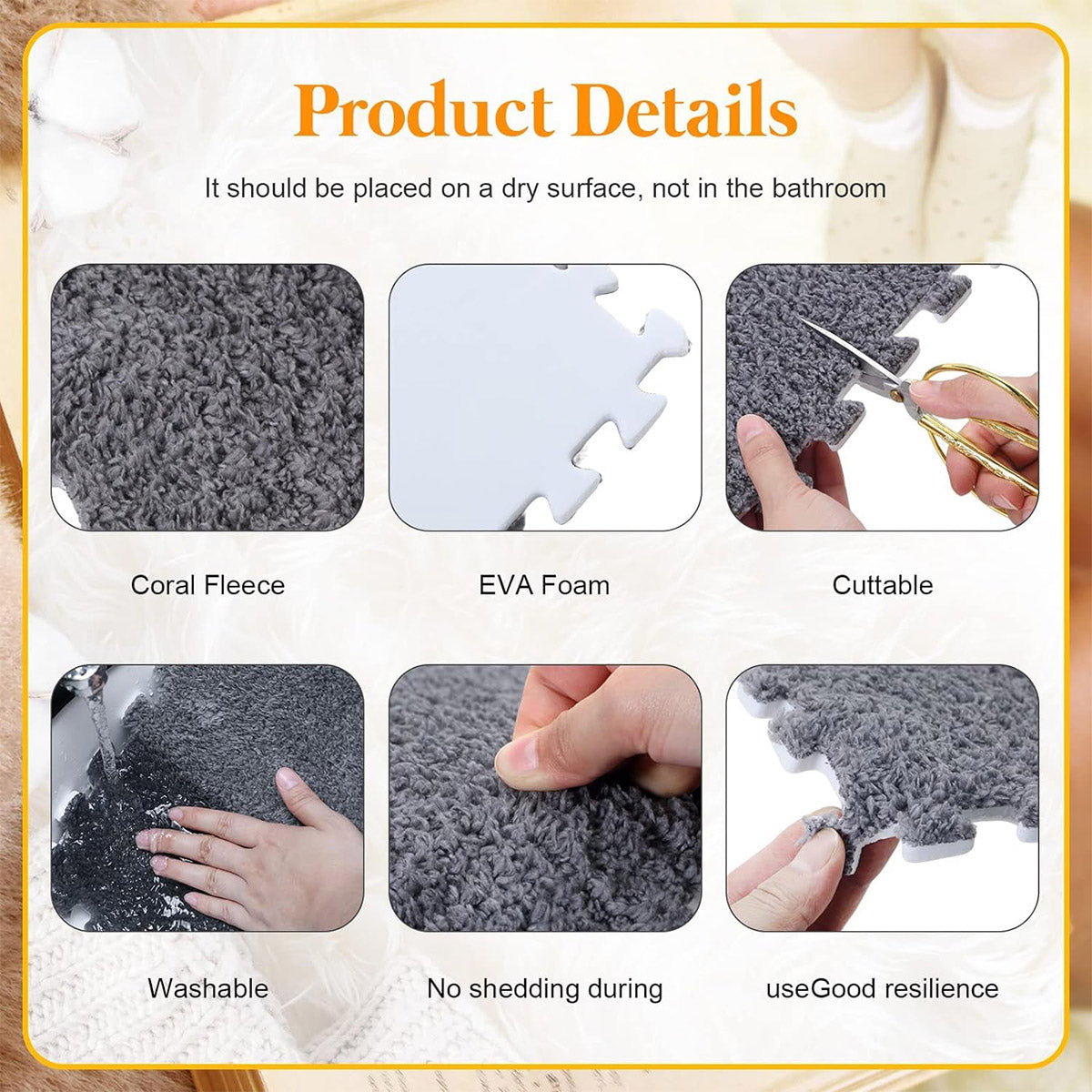 Foam Floor Mats Set 10PCS Shaggy Interlocking Tiles Soft for Kids Room Play Area - Camel-White V528-CARPET-29-CAMEL-10PCS-454348