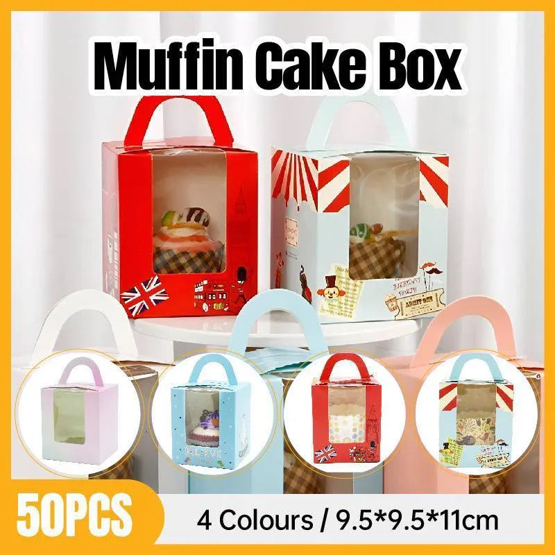 50x Assorted Color Muffin Cake Boxes with Clear Window & Handle High Quality - England style-50PCS V528-CARRY-CASE-50PCS-YLF-215284