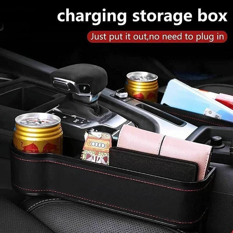 PU Leather Seat Side Gap Storage Box with Phone and Bottle Holder for Car Interior - Black V528-CARSTORAGEBO-BLACK-365881