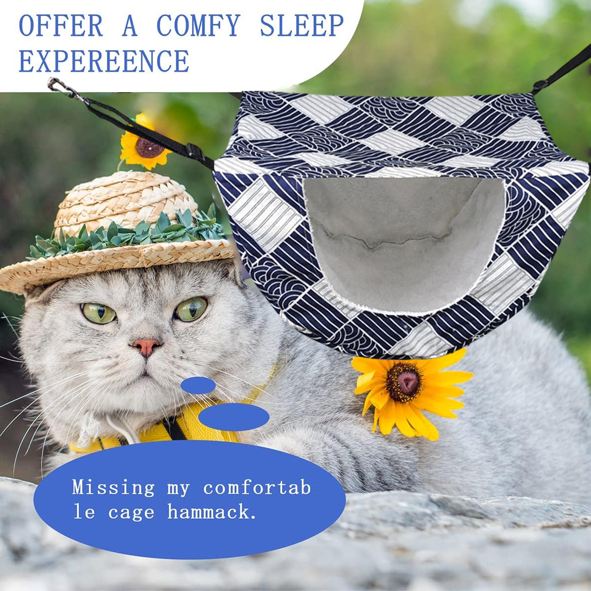 Cat Hammock Hanging Bed Cage Nest Soft Pet House Basket Cat Sleeping Supplies - Sea Blue Checkered V528-CAT-HOUSE-HLFG-204921