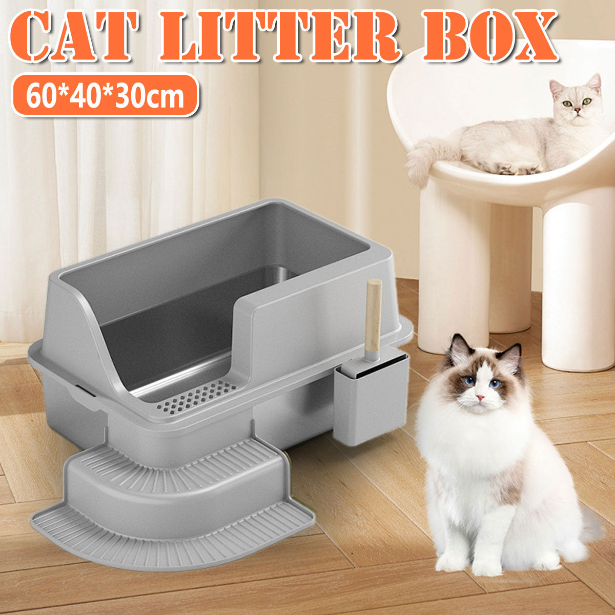 Semi Enclosed Large Stainless Steel Cat Litter Box Durable Easy Clean Cat Toilet V528-CAT-LITTER-BOX-GREY-632151