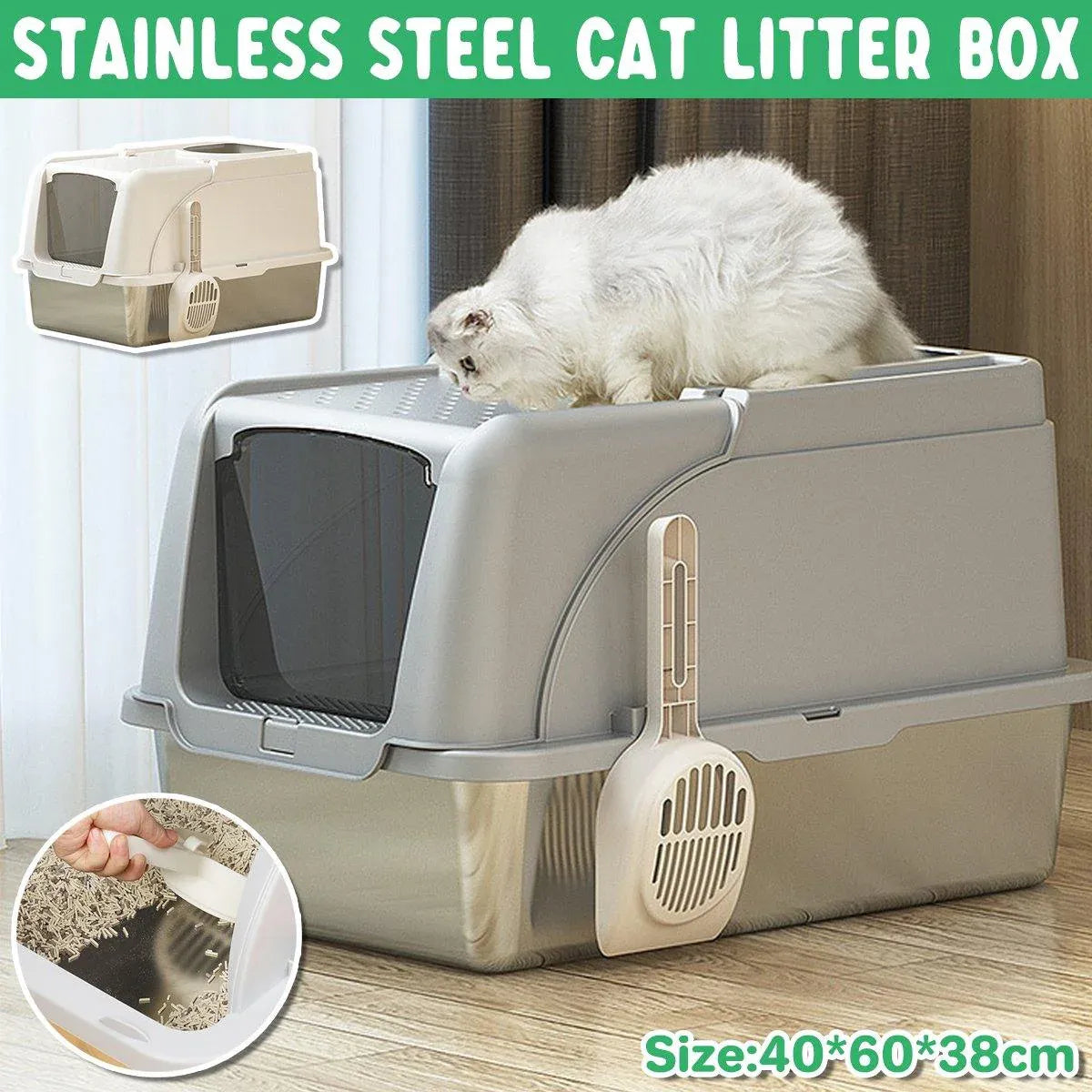 Durable Stainless Steel Cat Litter Box Pan Pet Toilet Odor Control Tray Large - Grey V528-CAT-LITTER-BOX-GREY-742557