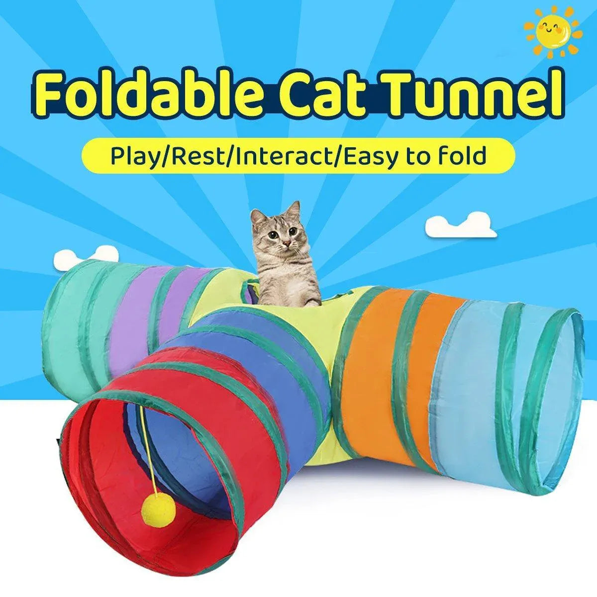 Foldable Rainbow Cat Tunnel Interactive Pet Toy with Tee Shape Fun Play Tunnel V528-CAT-TUNNEL-TOY-RAINBOW-877399