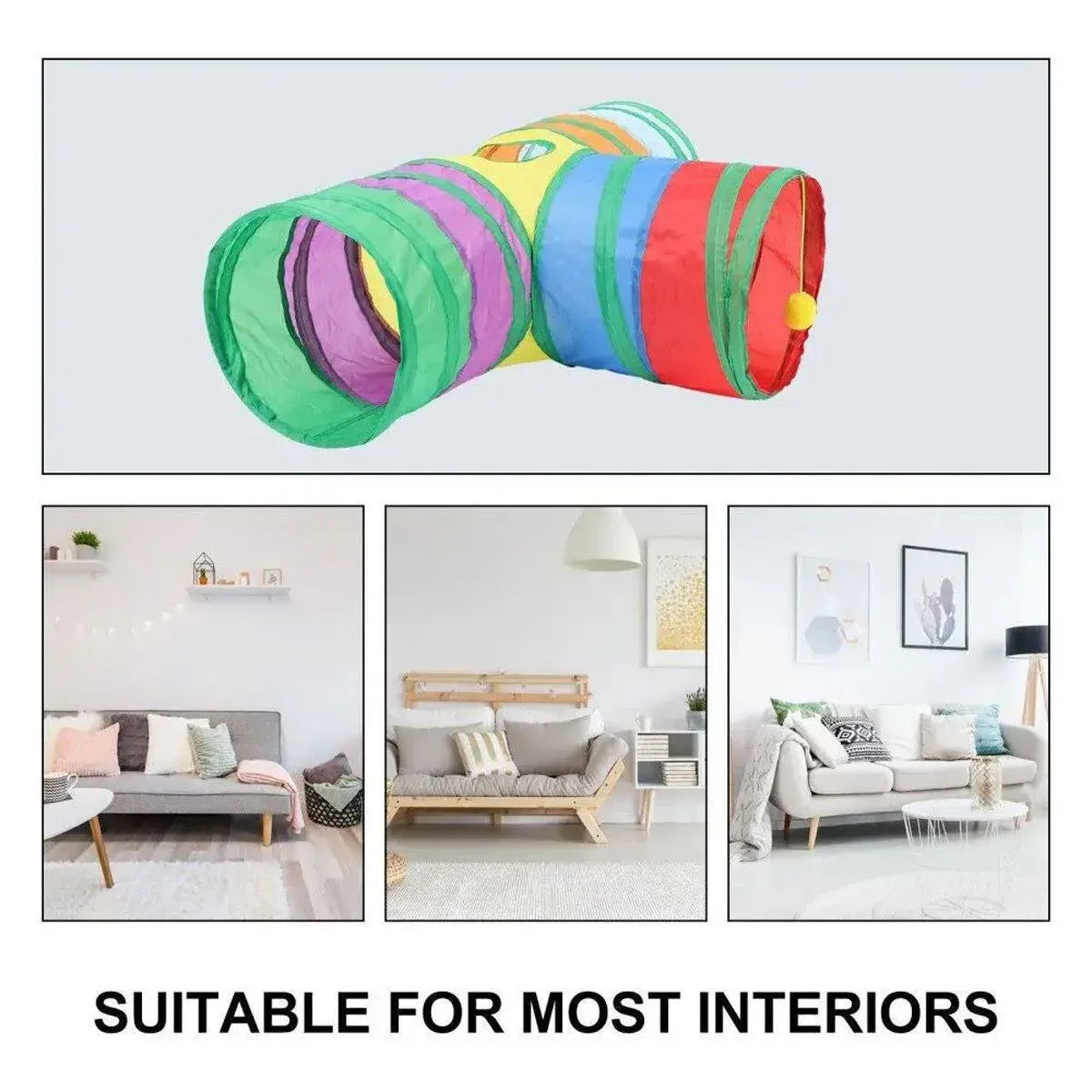 Foldable Rainbow Cat Tunnel Interactive Pet Toy with Tee Shape Fun Play Tunnel V528-CAT-TUNNEL-TOY-RAINBOW-877399
