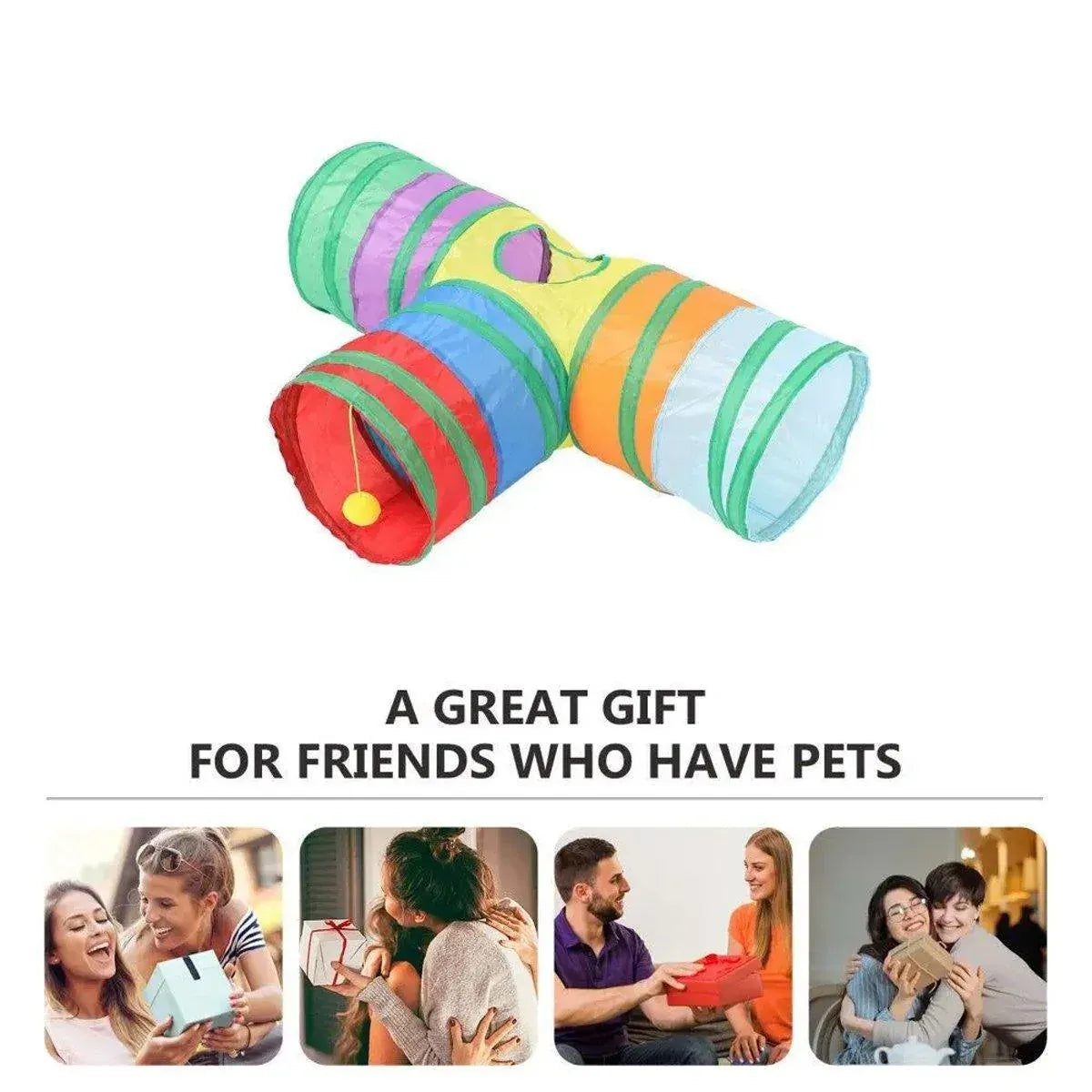 Foldable Rainbow Cat Tunnel Interactive Pet Toy with Tee Shape Fun Play Tunnel V528-CAT-TUNNEL-TOY-RAINBOW-877399