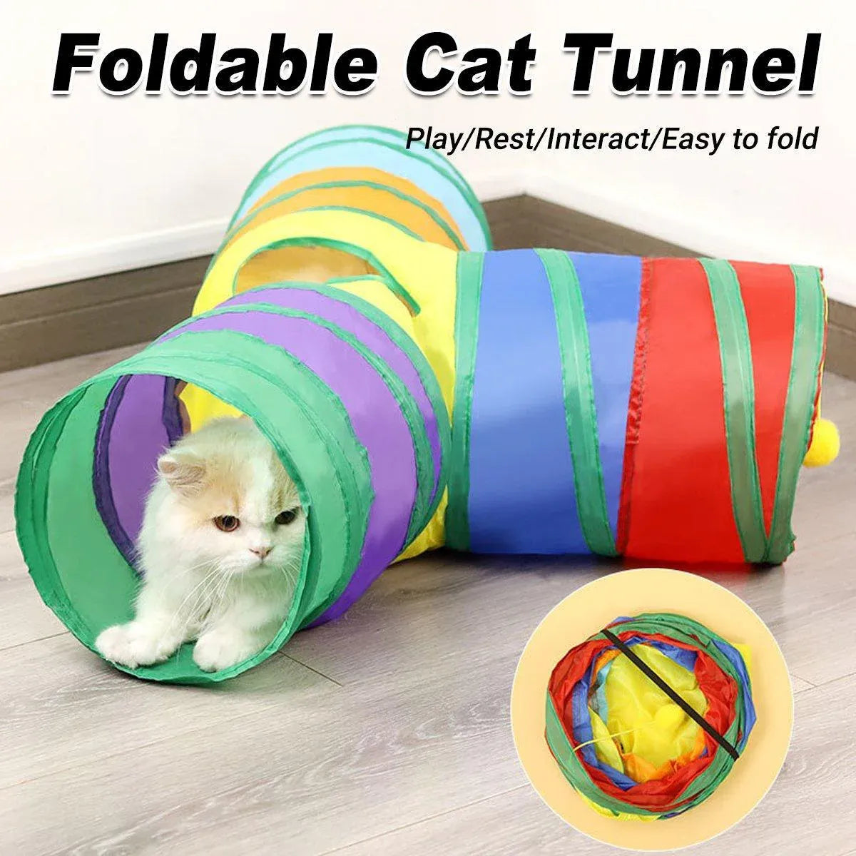 Foldable Rainbow Cat Tunnel Interactive Pet Toy with Tee Shape Fun Play Tunnel V528-CAT-TUNNEL-TOY-RAINBOW-877399