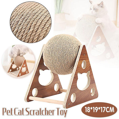 Wooden Cat Scratcher Toy with Rotating Sisal Ball Scratch Post Triangle Frame V528-CATBALL-TRIANGLE-78945