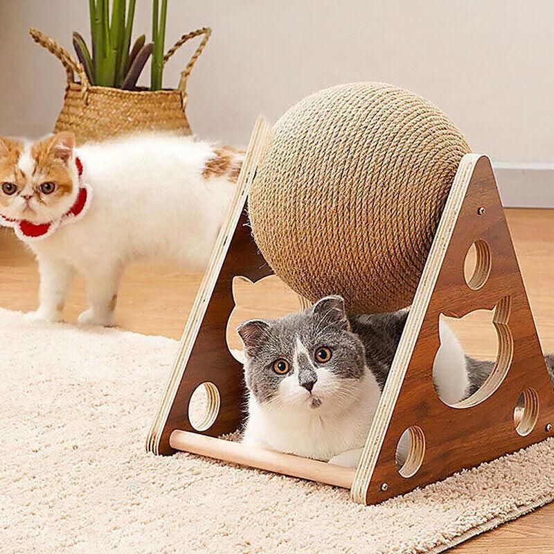 Wooden Cat Scratcher Toy with Rotating Sisal Ball Scratch Post Triangle Frame V528-CATBALL-TRIANGLE-78945