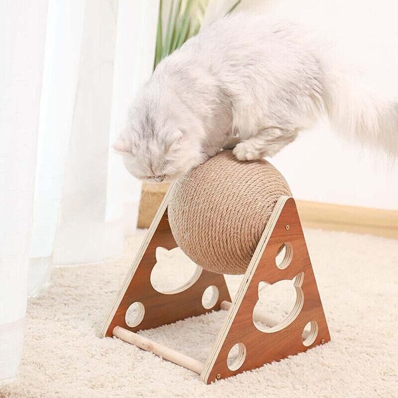Wooden Cat Scratcher Toy with Rotating Sisal Ball Scratch Post Triangle Frame V528-CATBALL-TRIANGLE-78945