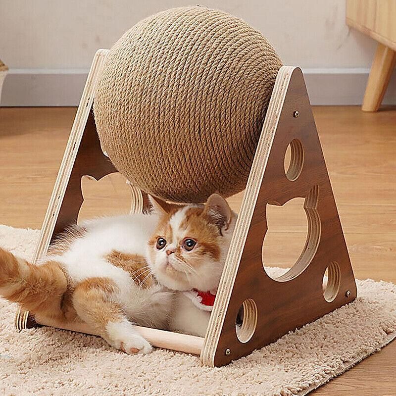 Wooden Cat Scratcher Toy with Rotating Sisal Ball Scratch Post Triangle Frame V528-CATBALL-TRIANGLE-78945