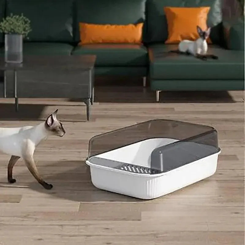 Litter Tray Box with Splash Guard and Wide Opening for Cats Open Top Design - Grey V528-CATLITTERBO-GREY-30623