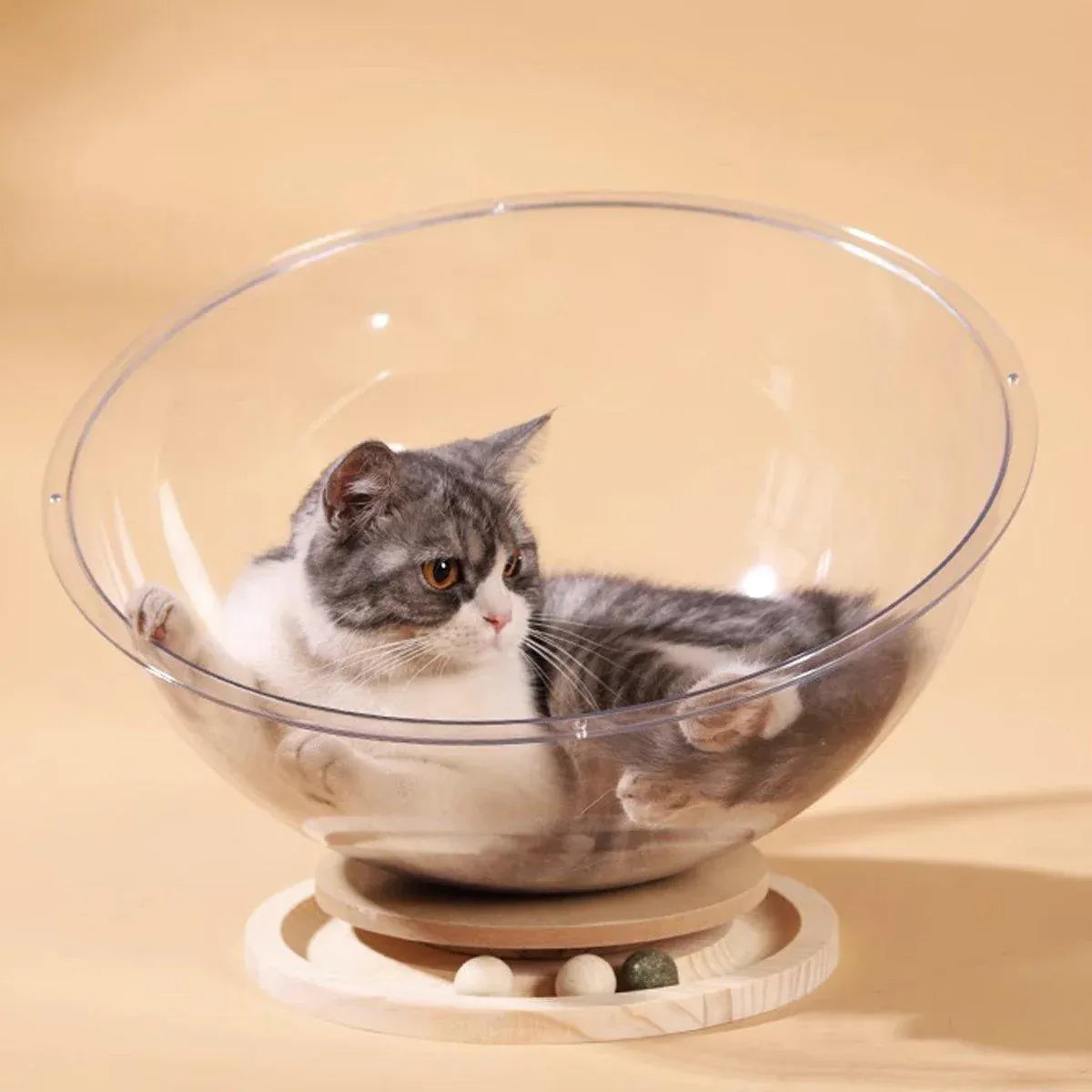 Four Seasons Acrylic Space Capsule Cat Bed Semi-closed Cool Nest Turntable Toy - L V528-CATTERY-ROUND-L-805872