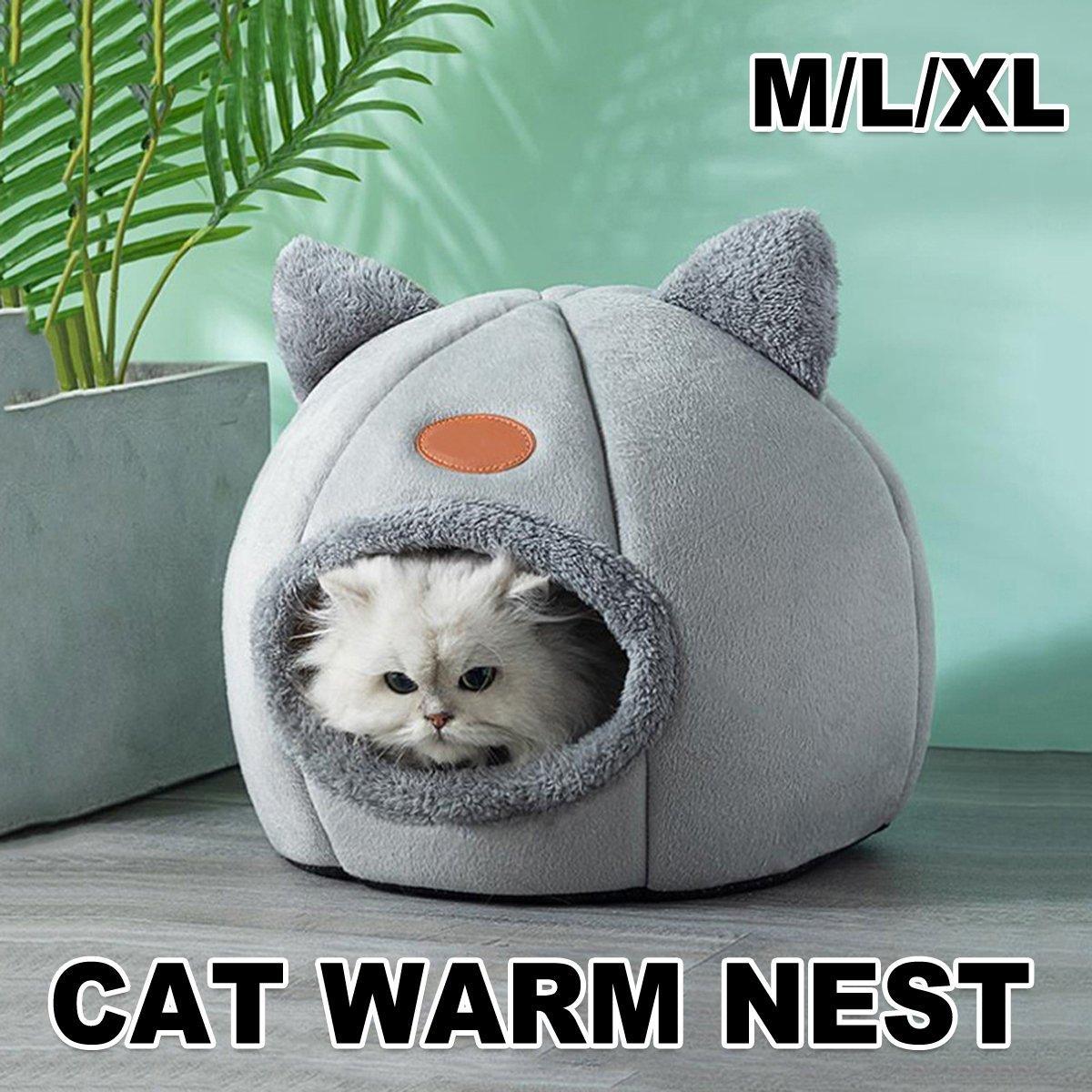 Cat Bed Winter Warm Enclosed Pet House Cozy Indoor Sleeping Nest for Cold Weather - L V528-CATTERY-TWO-EARS-GREY-L-282979