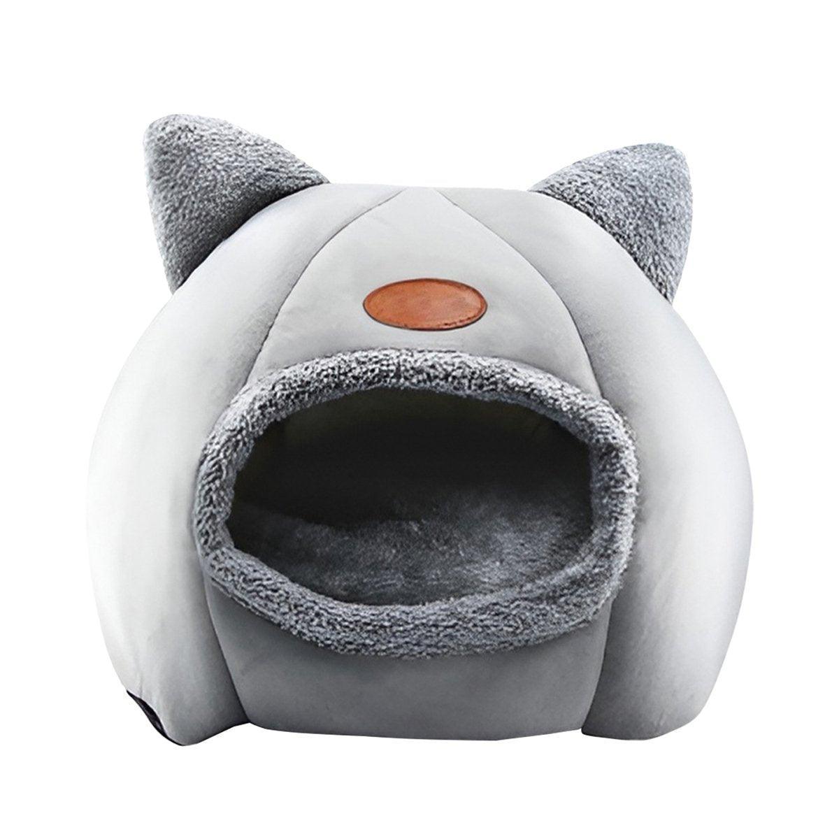Cat Bed Winter Warm Enclosed Pet House Cozy Indoor Sleeping Nest for Cold Weather - L V528-CATTERY-TWO-EARS-GREY-L-282979