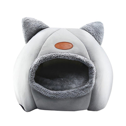Cat Bed Winter Warm Enclosed Pet House Cozy Indoor Sleeping Nest for Cold Weather - L V528-CATTERY-TWO-EARS-GREY-L-282979