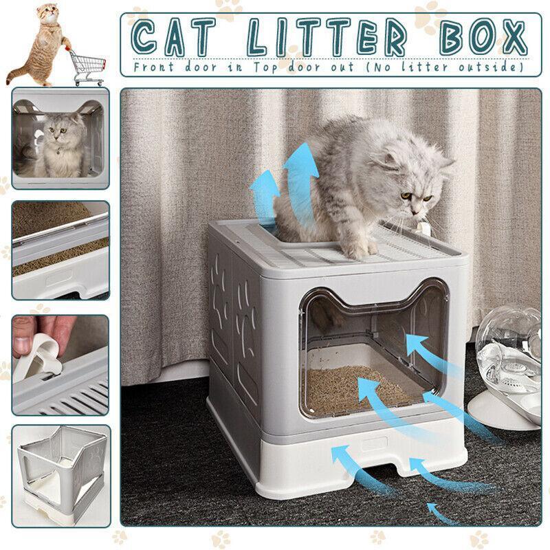 Self-Cleaning Hooded Cat Litter Box Enclosed Large Kitty Toilet Box Tray Refills V528-CATTOILET-GREY-46750