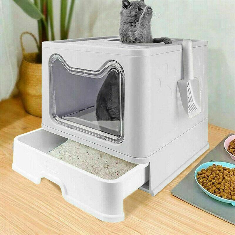 Self-Cleaning Hooded Cat Litter Box Enclosed Large Kitty Toilet Box Tray Refills V528-CATTOILET-GREY-46750