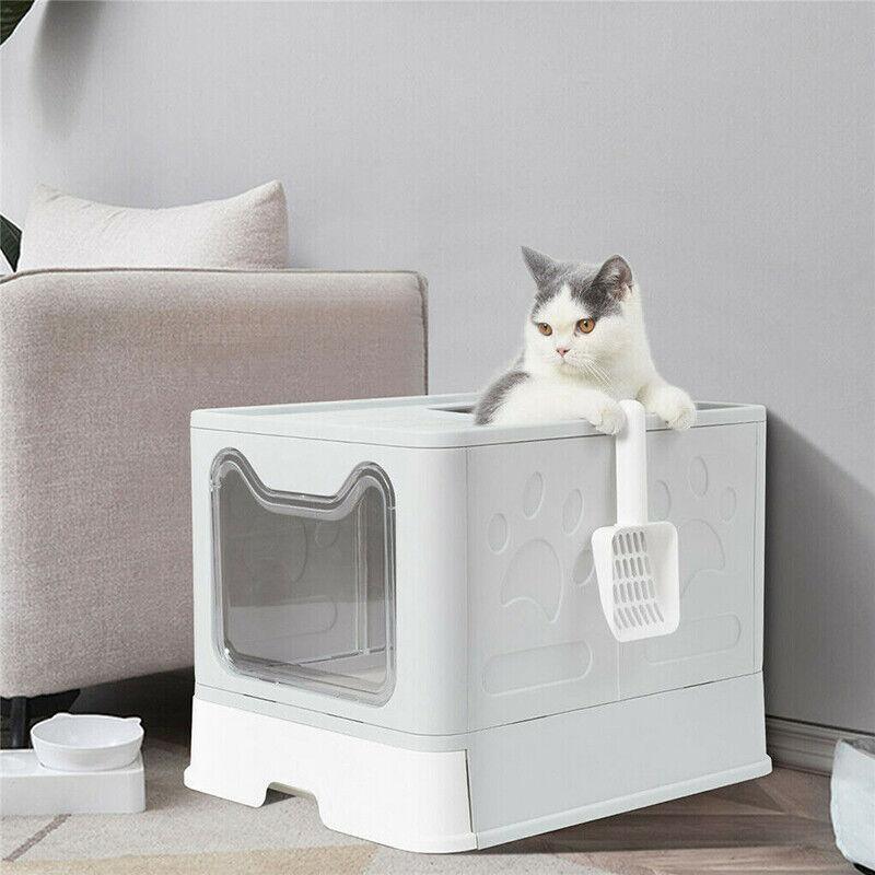 Self-Cleaning Hooded Cat Litter Box Enclosed Large Kitty Toilet Box Tray Refills V528-CATTOILET-GREY-46750
