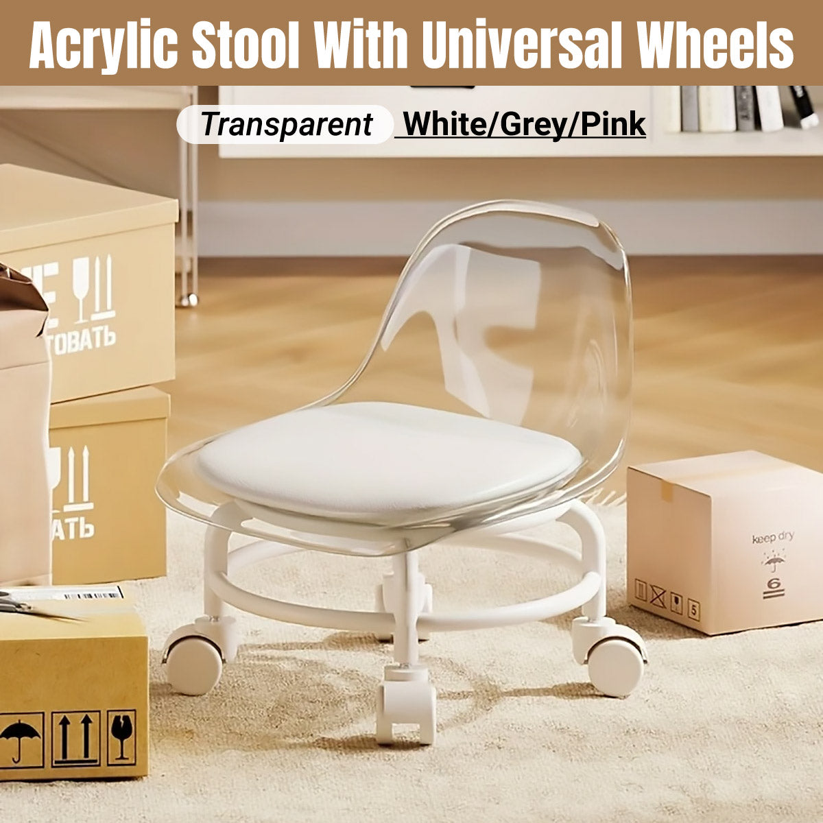 Stool with Universal Wheels Pulley Short Stool with Backrest Comfortable Seat - White V528-CHAIR-WHITE-419992