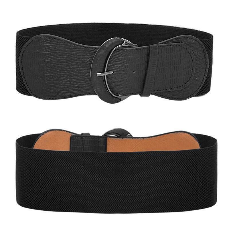 Faux Leather Cinch Waist Belt with Buckle for Women Stretch Wide Elastic Dress Belt - Black V528-CINCHBELT-BLACK-276348