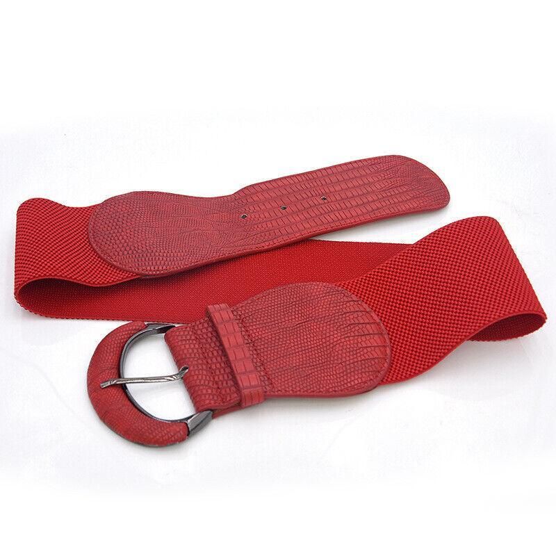 Faux Leather Cinch Waist Belt with Buckle for Women Stretch Wide Elastic Dress Belt - Red V528-CINCHBELT-RED-138902