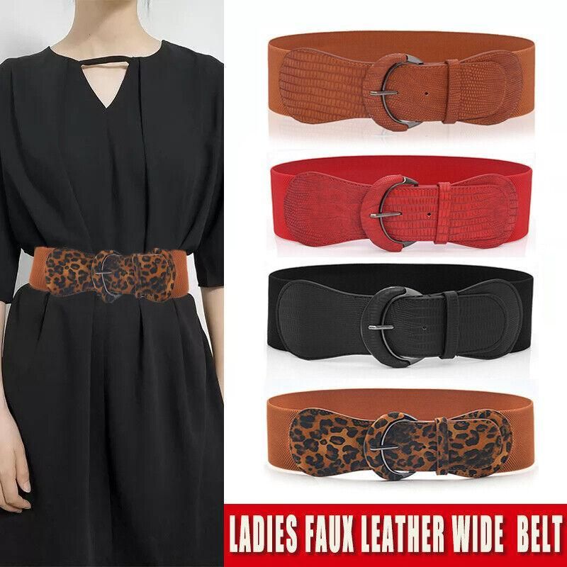 Faux Leather Cinch Waist Belt with Buckle for Women Stretch Wide Elastic Dress Belt - Red V528-CINCHBELT-RED-138902