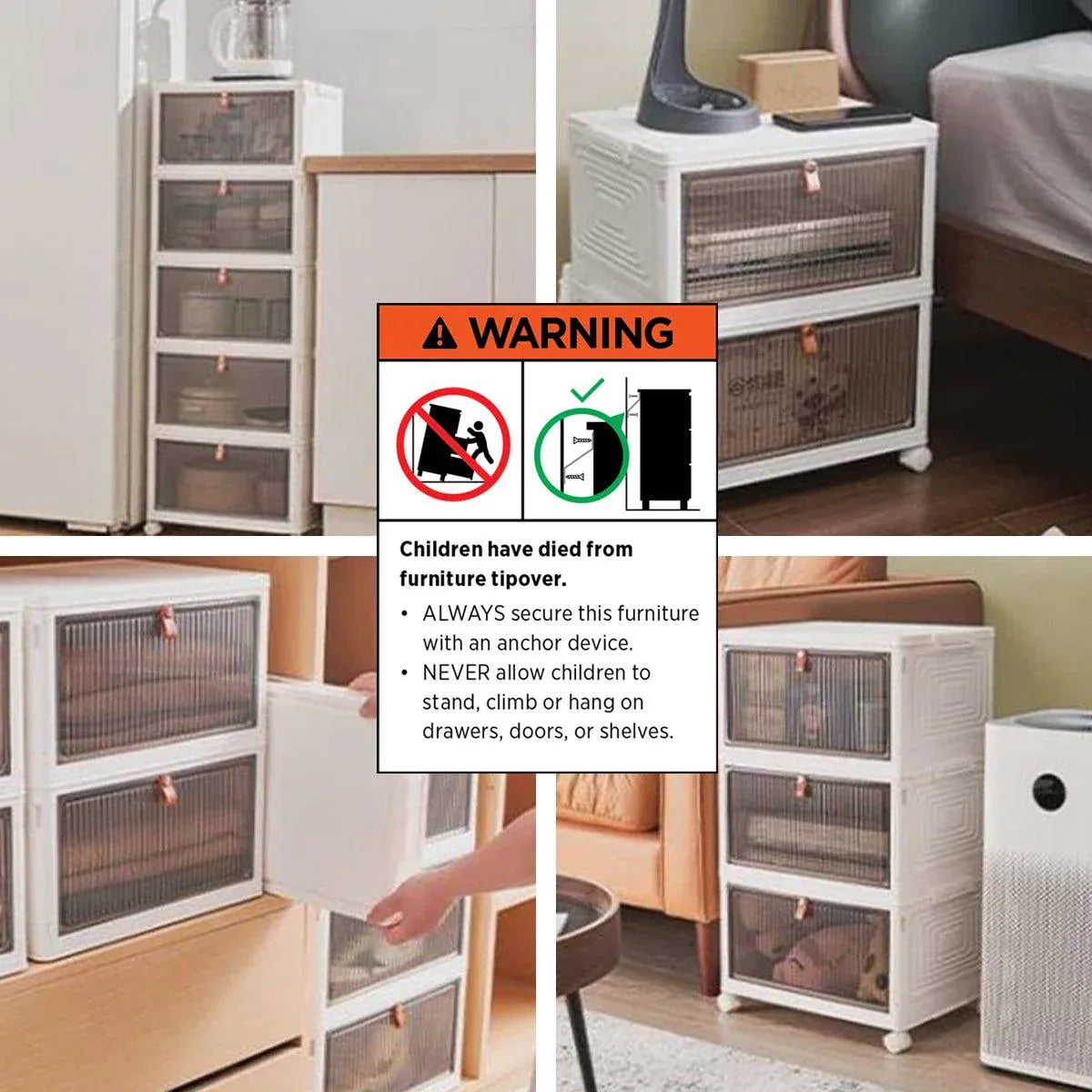 4 Tier Plastic Storage Cabinet with Wheels Large Capacity Foldable Storage Bins V528-CLEAR-SHOEBOX-WHITE-4-578993