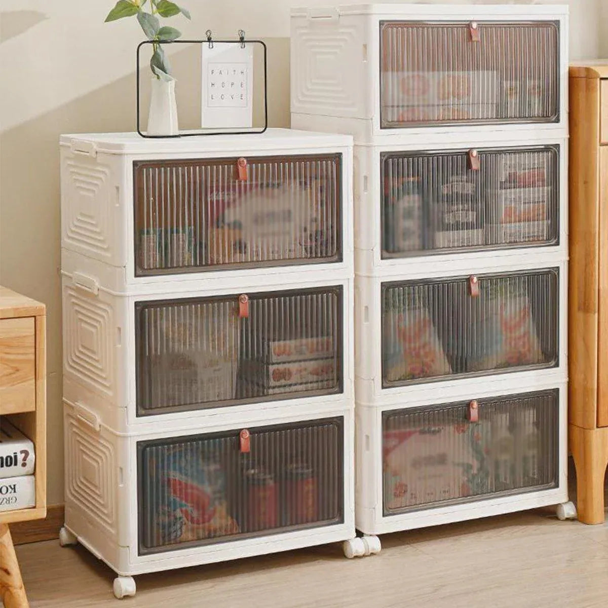 4 Tier Plastic Storage Cabinet with Wheels Large Capacity Foldable Storage Bins V528-CLEAR-SHOEBOX-WHITE-4-578993