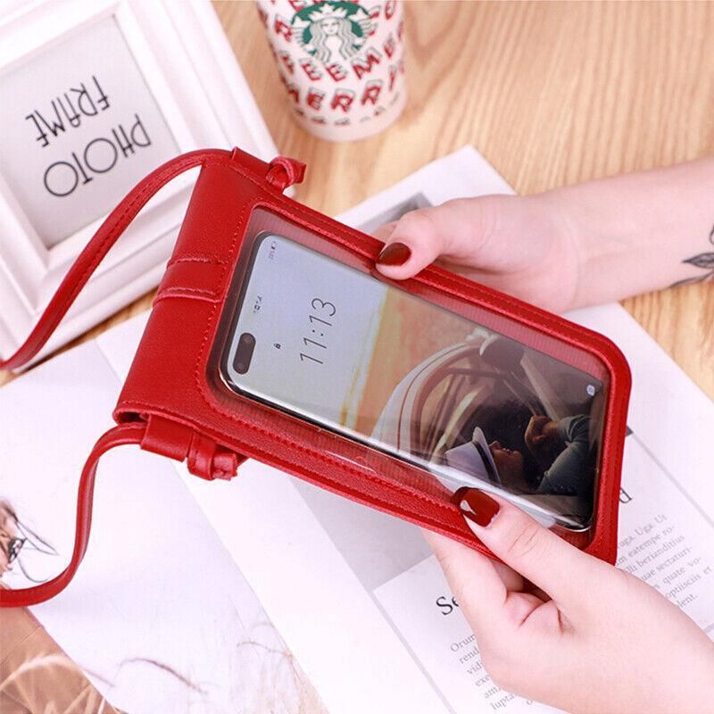 Touch Screen Crossbody Phone Bag with Clear Window PU Leather Wallet Purse - Red V528-CLEARPURSE-WINERED-3159