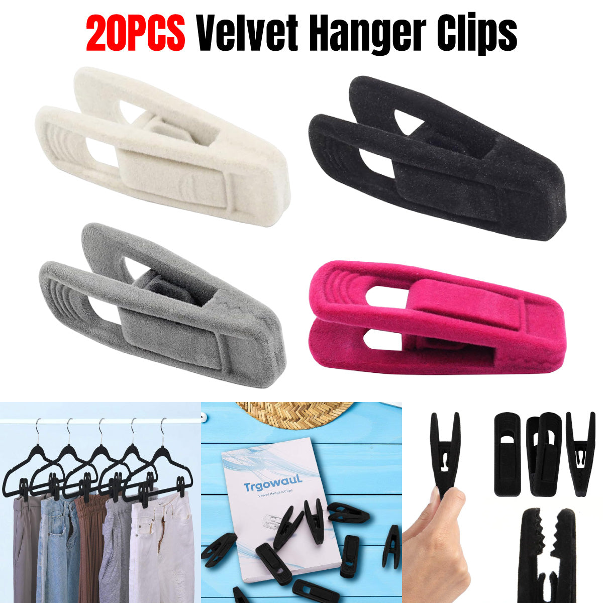 Clothes Drying Clips 20 Pack Velvet Flocking Trouser Pegs Hanger Grip Clamp Set - Rose Red V528-CLIP-20PCS-ROSE-RED-648510