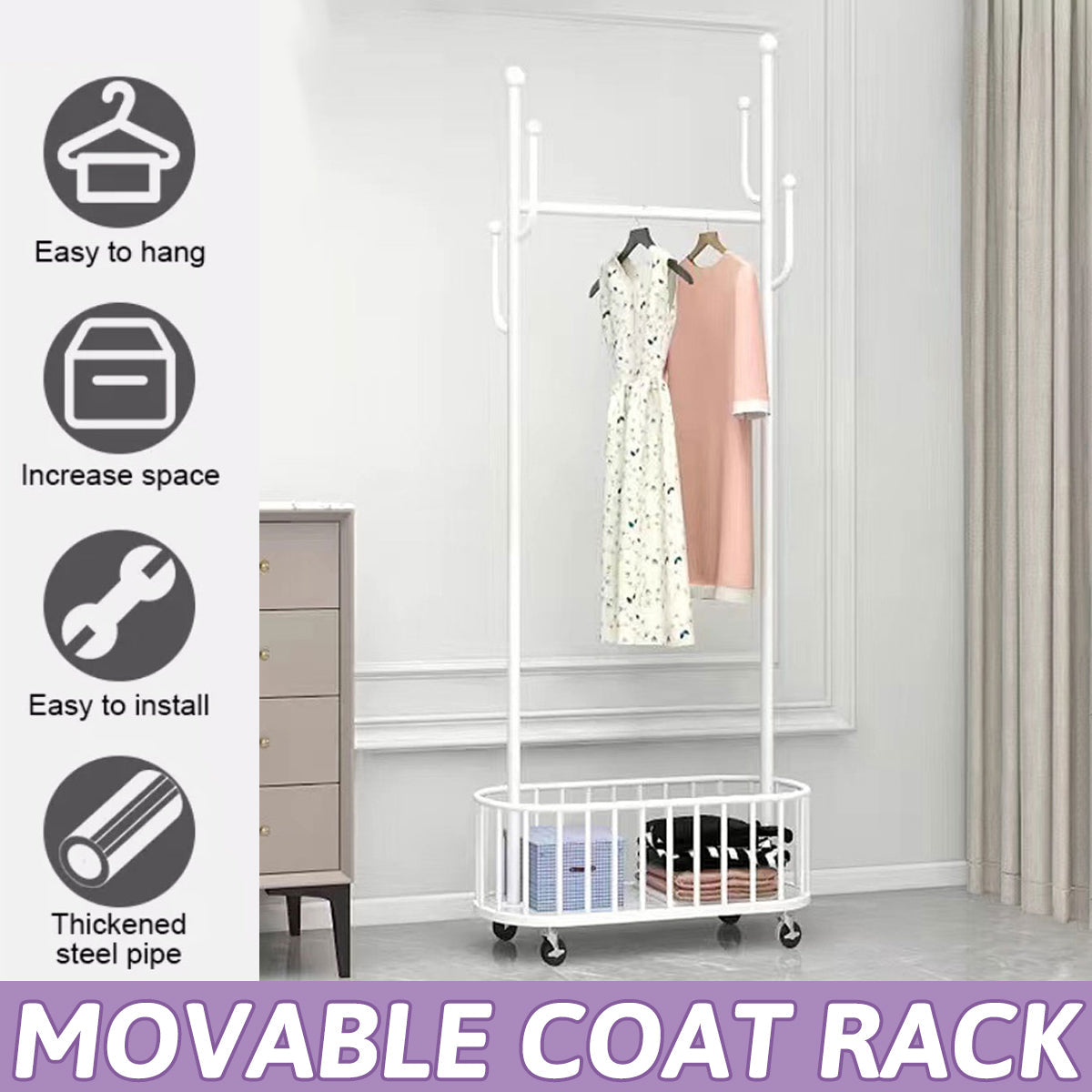 Clothes Hanger Stand Model Floor Standing Room Rack Movable Coat Rack Organizer V528-CLOTHES-HANGER-WHITE-60CM-521974