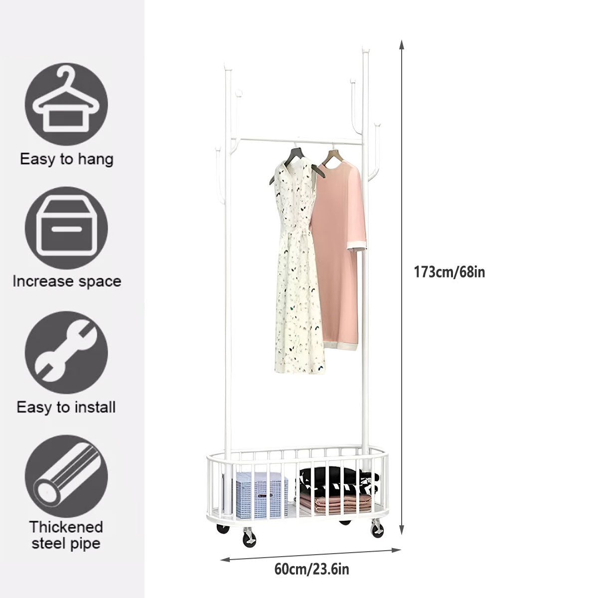 Clothes Hanger Stand Model Floor Standing Room Rack Movable Coat Rack Organizer V528-CLOTHES-HANGER-WHITE-60CM-521974
