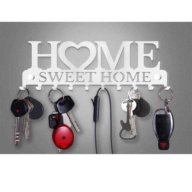 Retro Metal Iron Wall Hanging Mounted 10 Key Hooks Storage Holder Hook Rack - White V528-CLOTHESHANGERKEY-WHITE-592877