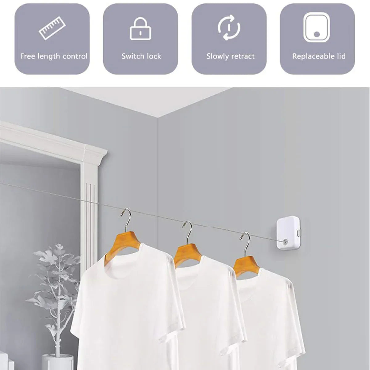 Invisible Clothesline Indoor Drying Rope Wall Mounted Laundry Retractable Line - Grey V528-CLOTHESLINE-GREY-921616
