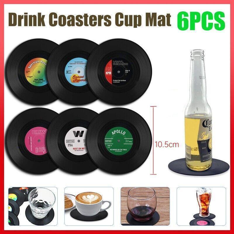 6PCS Retro Vinyl Record Drink Coasters Set - Round ABS Cup Mats for Home or Bar V528-COASTERS-6PCS-89270