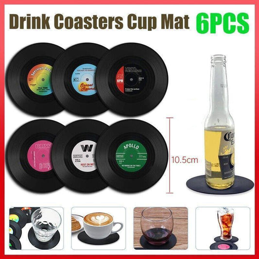 6PCS Retro Vinyl Record Drink Coasters Set - Round ABS Cup Mats for Home or Bar V528-COASTERS-6PCS-89270