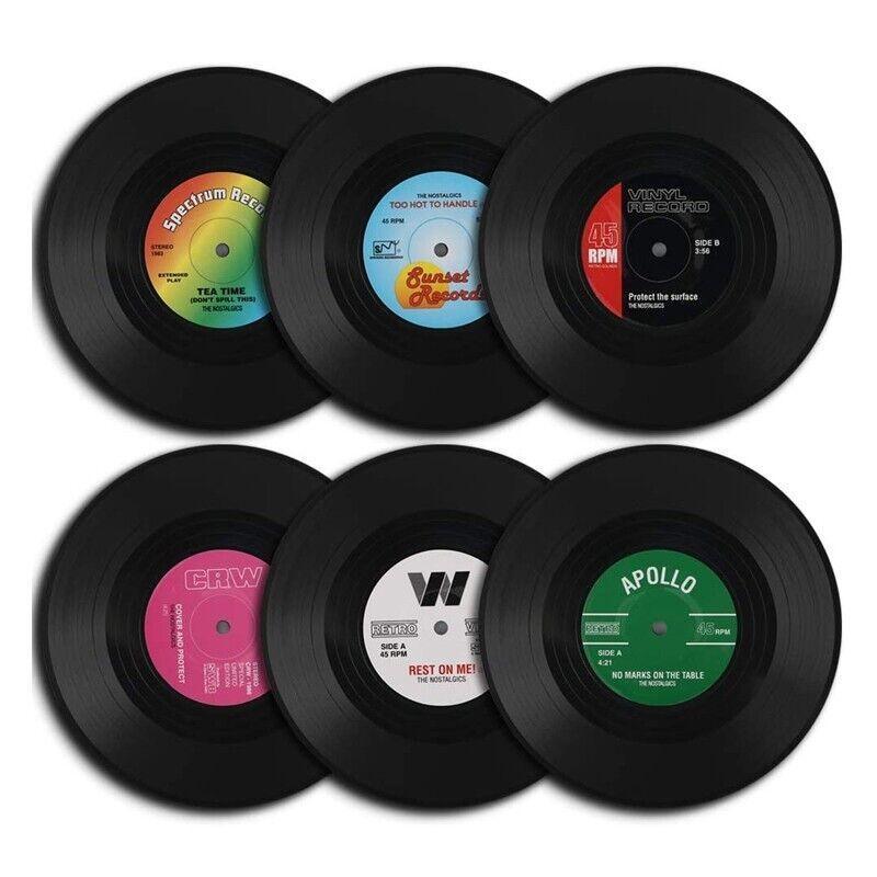 6PCS Retro Vinyl Record Drink Coasters Set - Round ABS Cup Mats for Home or Bar V528-COASTERS-6PCS-89270