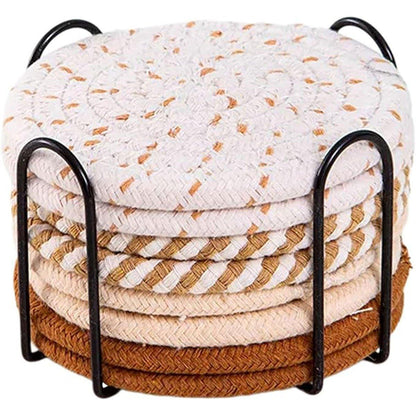 8PCS Round Cotton Woven Coaster Heat Resistant Thick Insulation Dining Table Mat - Brown V528-COASTERS-8PCS-BROWN-218414