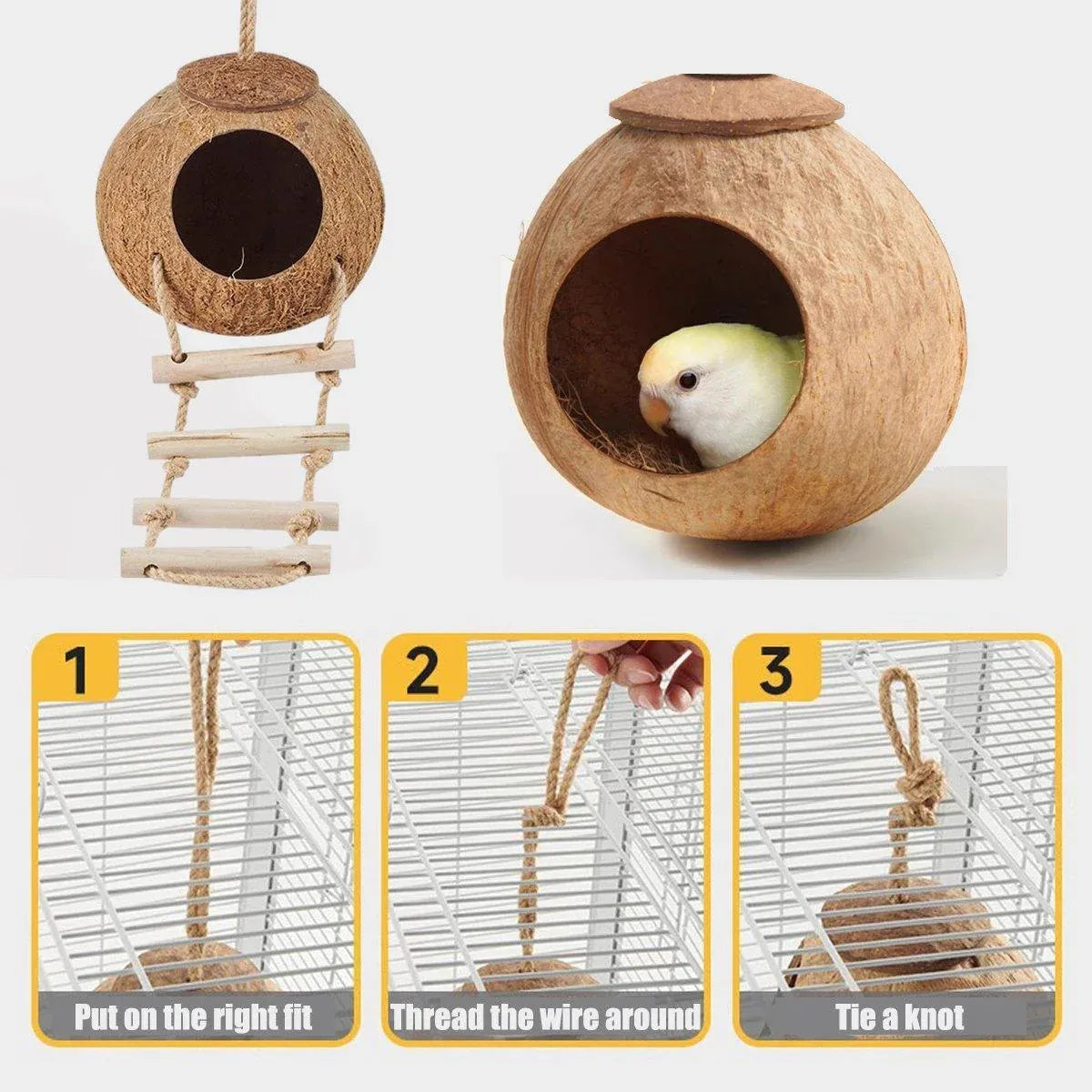 Lanyard Birdhouse Parrot Coconut Nest Bed Hanging Bird Cage for Small Birds - Stairs type V528-COCOANUT-NEST-LT-184597