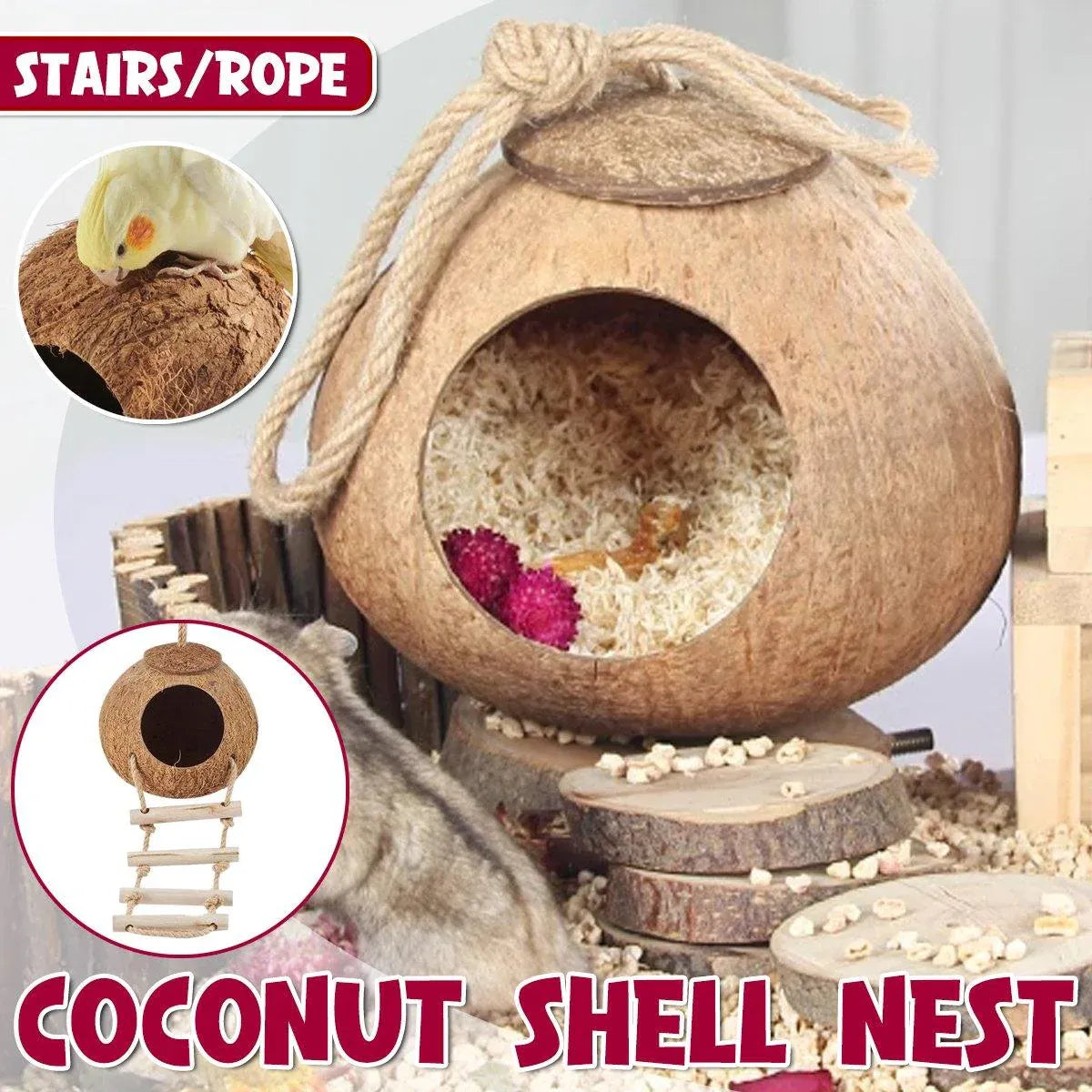Lanyard Birdhouse Parrot Coconut Nest Bed Hanging Bird Cage for Small Birds - Stairs type V528-COCOANUT-NEST-LT-184597