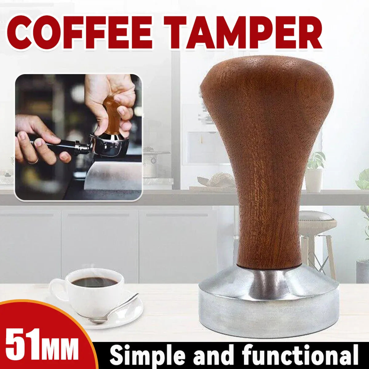 51mm Coffee Tamper Aluminum Alloy Base Wooden Handle for Espresso Machine V528-COFFEEGRINDER-51MM-78094