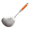 304 Stainless Steel Kitchen Colander Long Handle Noodle Dumpling Strainer Spoon - Yellow wood V528-COLANDER-HMH-751009