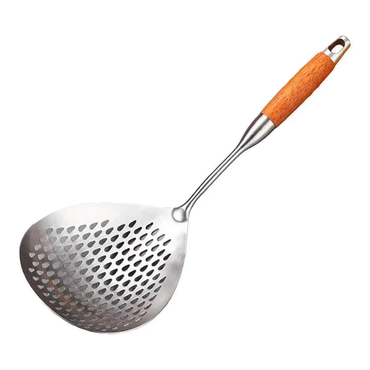 304 Stainless Steel Kitchen Colander Long Handle Noodle Dumpling Strainer Spoon - Yellow wood V528-COLANDER-HMH-751009