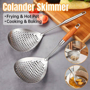 304 Stainless Steel Kitchen Colander Long Handle Noodle Dumpling Strainer Spoon - Yellow wood V528-COLANDER-HMH-751009