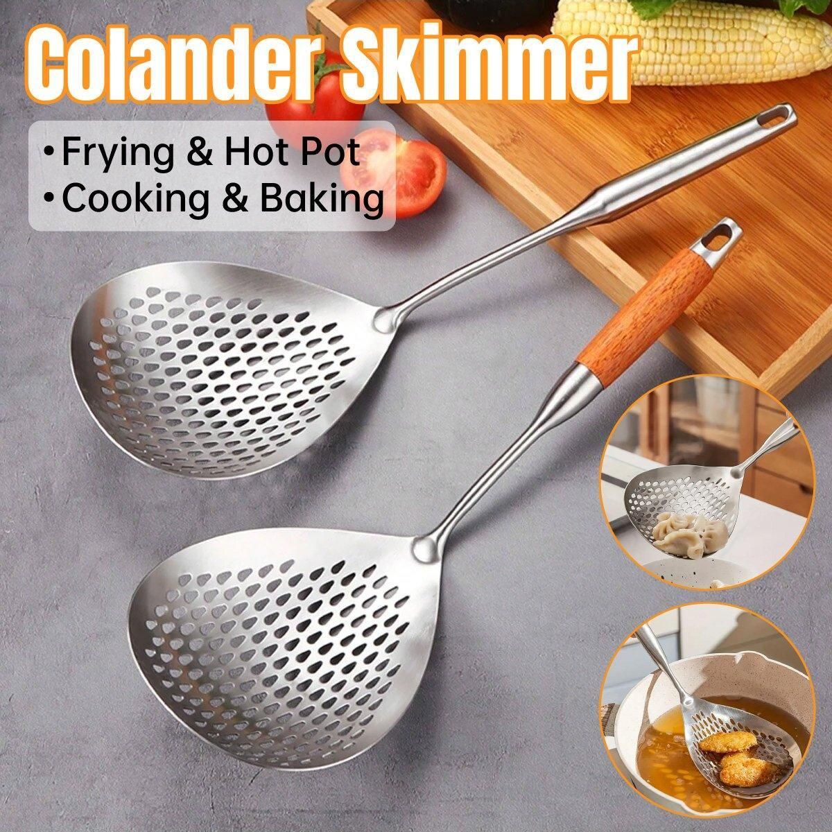 304 Stainless Steel Kitchen Colander Long Handle Noodle Dumpling Strainer Spoon - Yellow wood V528-COLANDER-HMH-751009