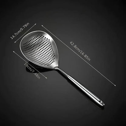 304 Stainless Steel Kitchen Colander Long Handle Noodle Dumpling Strainer Spoon - Yellow wood V528-COLANDER-HMH-751009