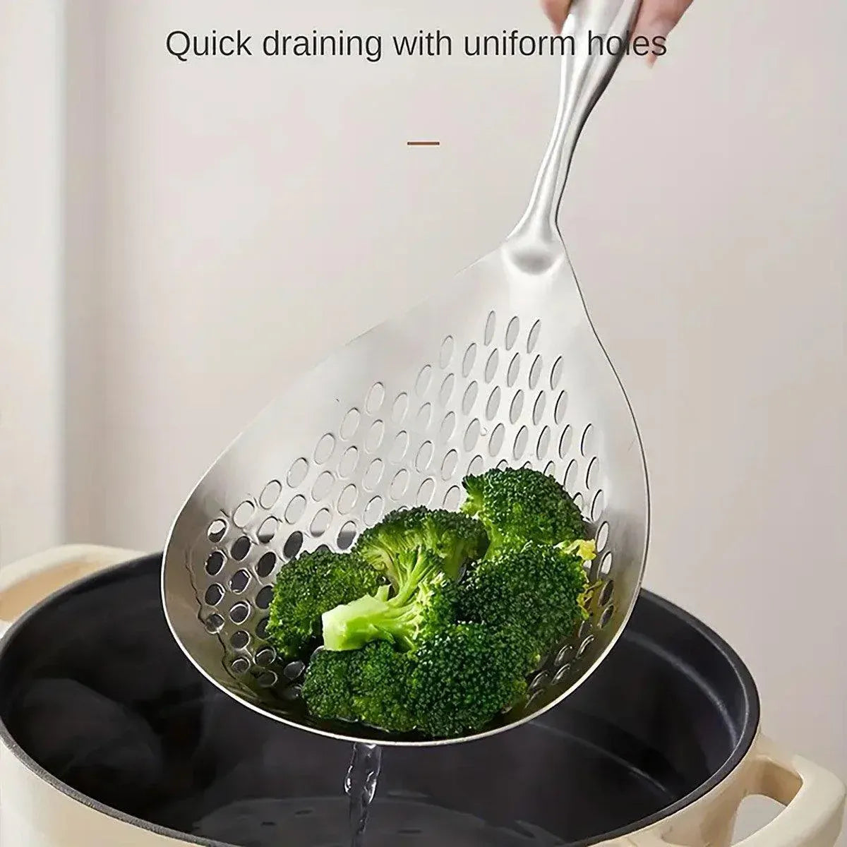 304 Stainless Steel Kitchen Colander Long Handle Noodle Dumpling Strainer Spoon - Yellow wood V528-COLANDER-HMH-751009