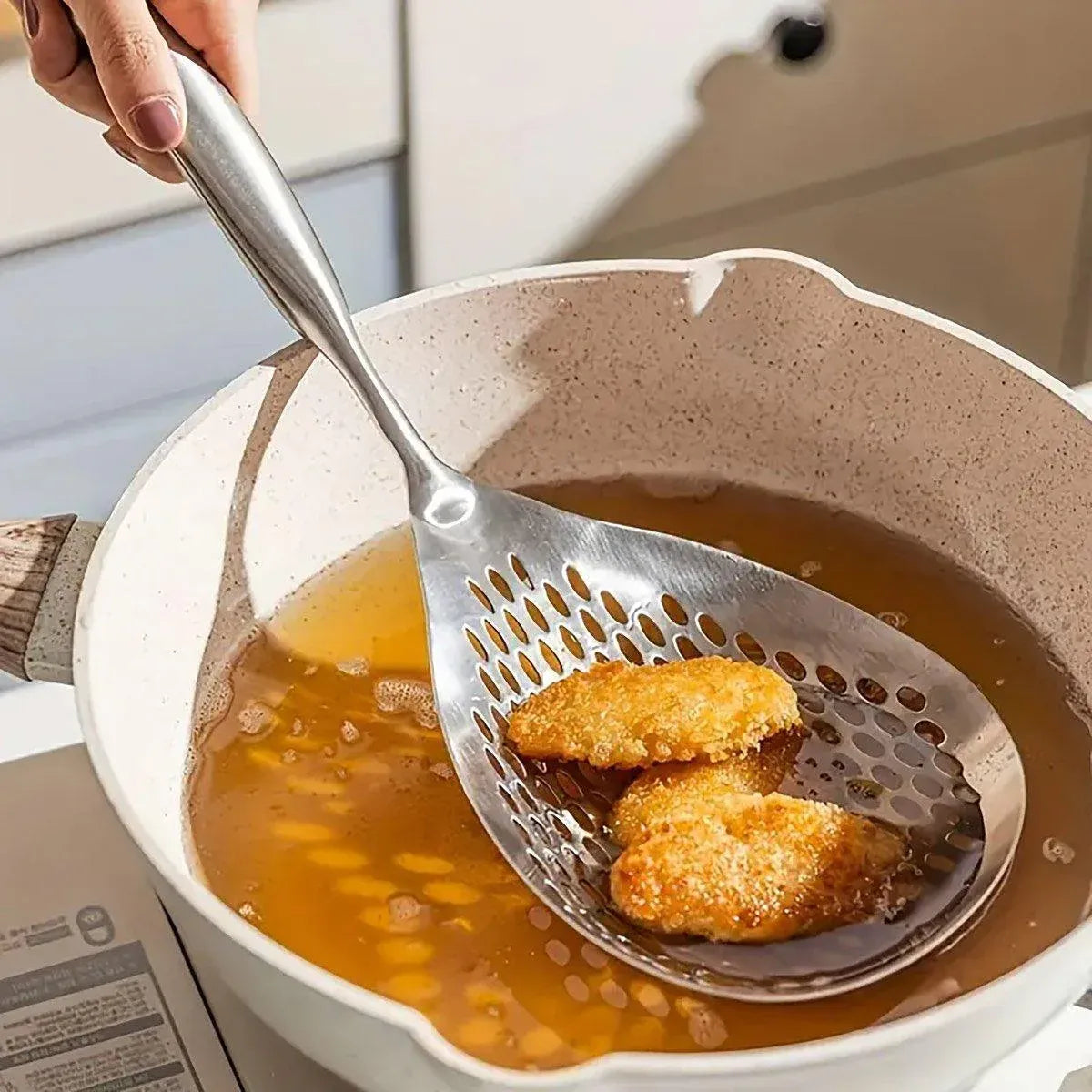 304 Stainless Steel Kitchen Colander Long Handle Noodle Dumpling Strainer Spoon - Yellow wood V528-COLANDER-HMH-751009