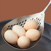 304 Stainless Steel Kitchen Colander Long Handle Noodle Dumpling Strainer Spoon - Yellow wood V528-COLANDER-HMH-751009